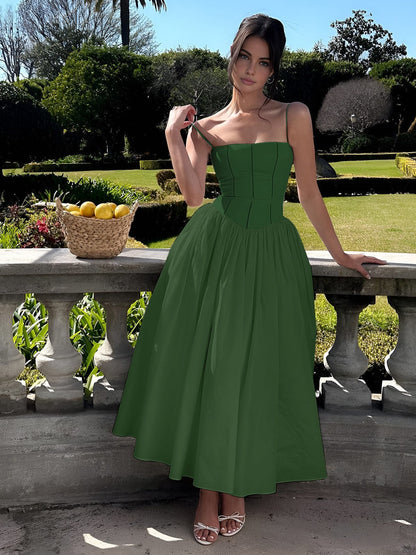 Elegant Strapless Midi Dress for Women with Corset Bodice Full Tea Length Skirt Formal Wedding Guest Style