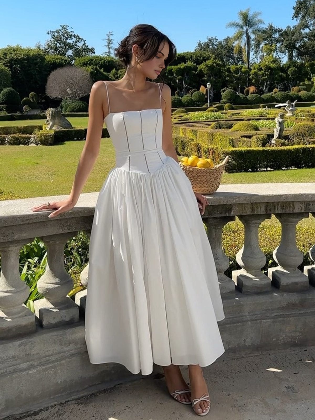 Elegant Strapless Midi Dress for Women with Corset Bodice Full Tea Length Skirt Formal Wedding Guest Style