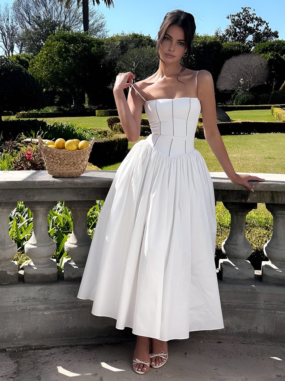 Elegant Strapless Midi Dress for Women with Corset Bodice Full Tea Length Skirt Formal Wedding Guest Style