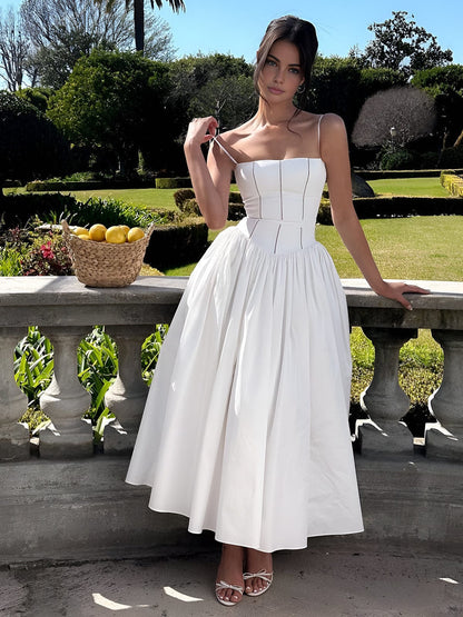 Elegant Strapless Midi Dress for Women with Corset Bodice Full Tea Length Skirt Formal Wedding Guest Style