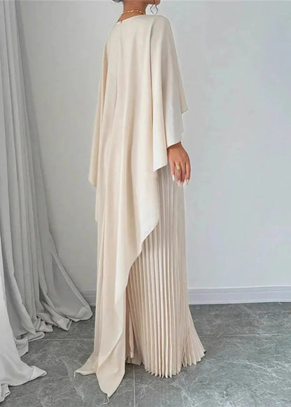 Elegant Pleated Maxi Dress for Women with Round Neck Cape Sleeve Flowy Formal Wedding Guest Style