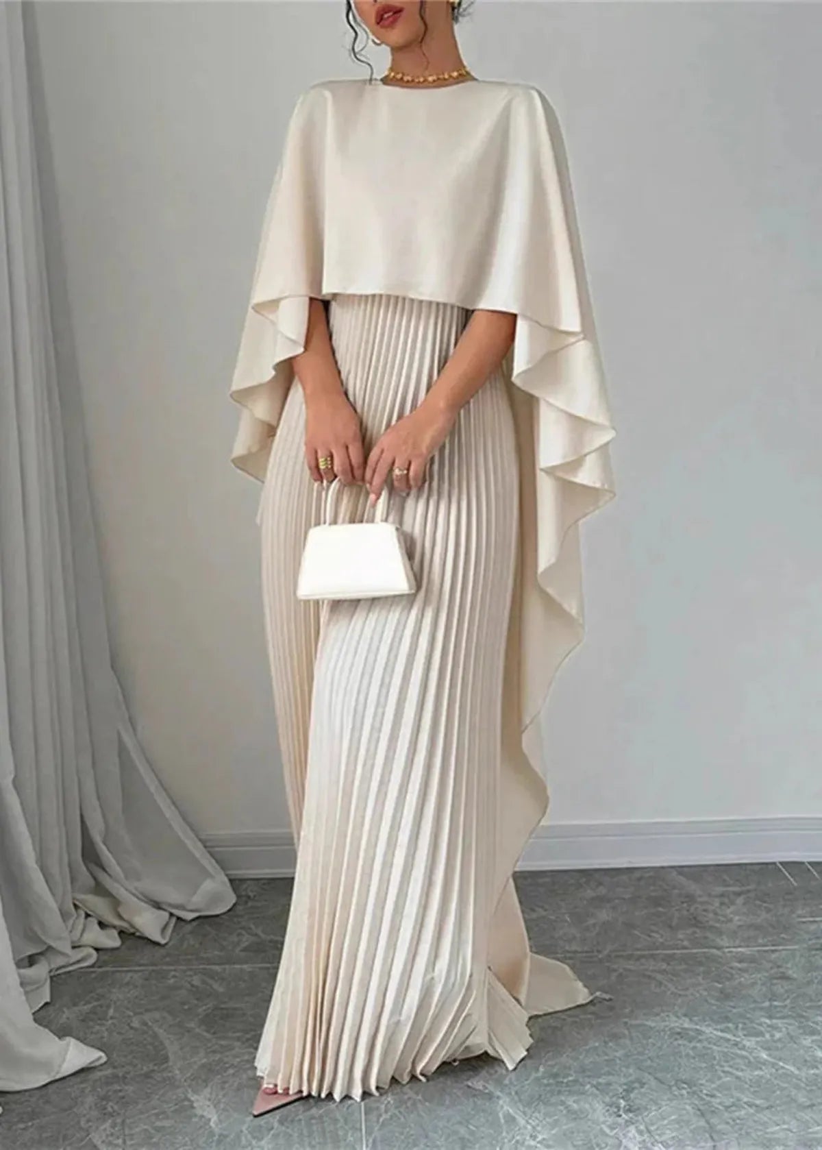 Elegant Pleated Maxi Dress for Women with Round Neck Cape Sleeve Flowy Formal Wedding Guest Style