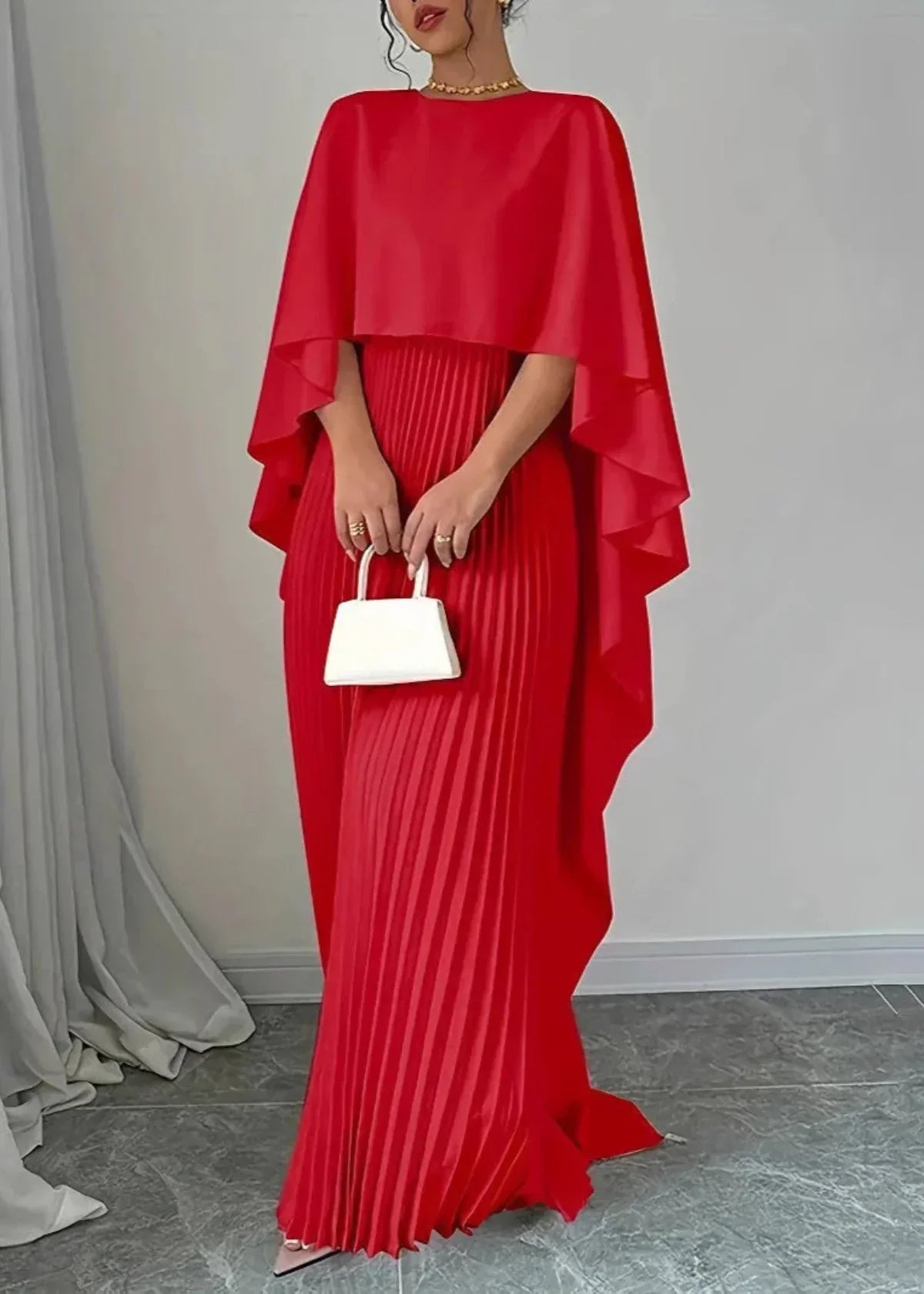 Elegant Pleated Maxi Dress for Women with Round Neck Cape Sleeve Flowy Formal Wedding Guest Style
