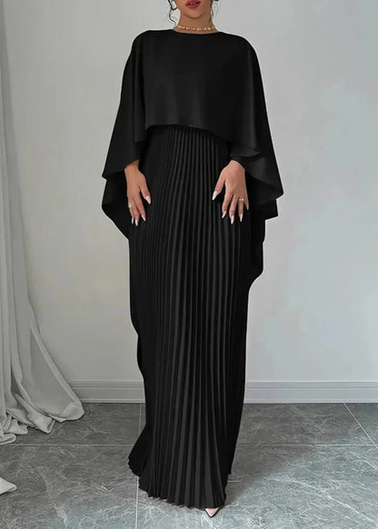 Elegant Pleated Maxi Dress for Women with Round Neck Cape Sleeve Flowy Formal Wedding Guest Style