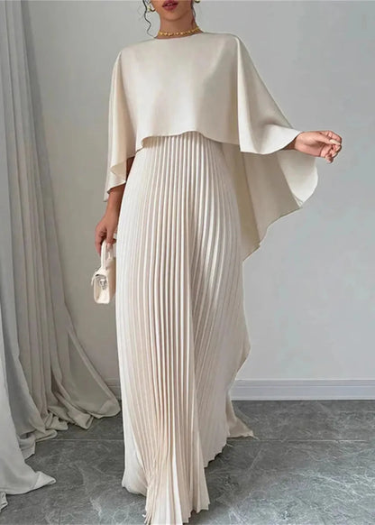 Elegant Pleated Maxi Dress for Women with Round Neck Cape Sleeve Flowy Formal Wedding Guest Style