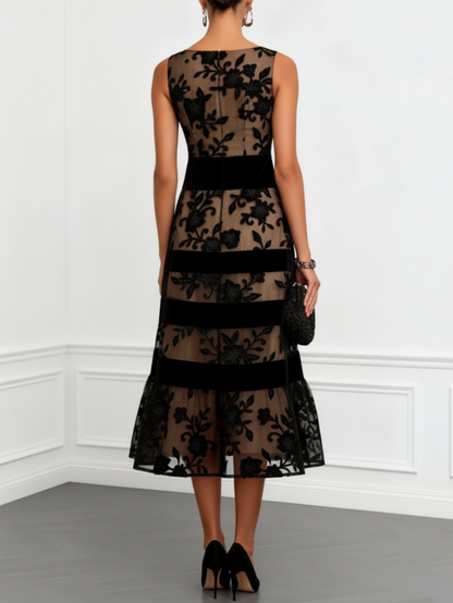 Elegant Black Floral Lace Midi Dress for Women with Boat Neck Sleeveless Velvet Stripe Flowing Cocktail Style