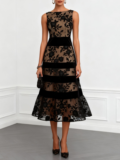 Elegant Black Floral Lace Midi Dress for Women with Boat Neck Sleeveless Velvet Stripe Flowing Cocktail Style