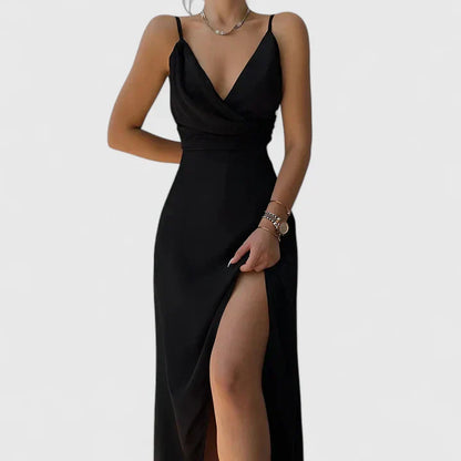 Elegant Satin Maxi Dress for Women with Cowl Neck Spaghetti Strap High Slit Formal Wedding Guest Style