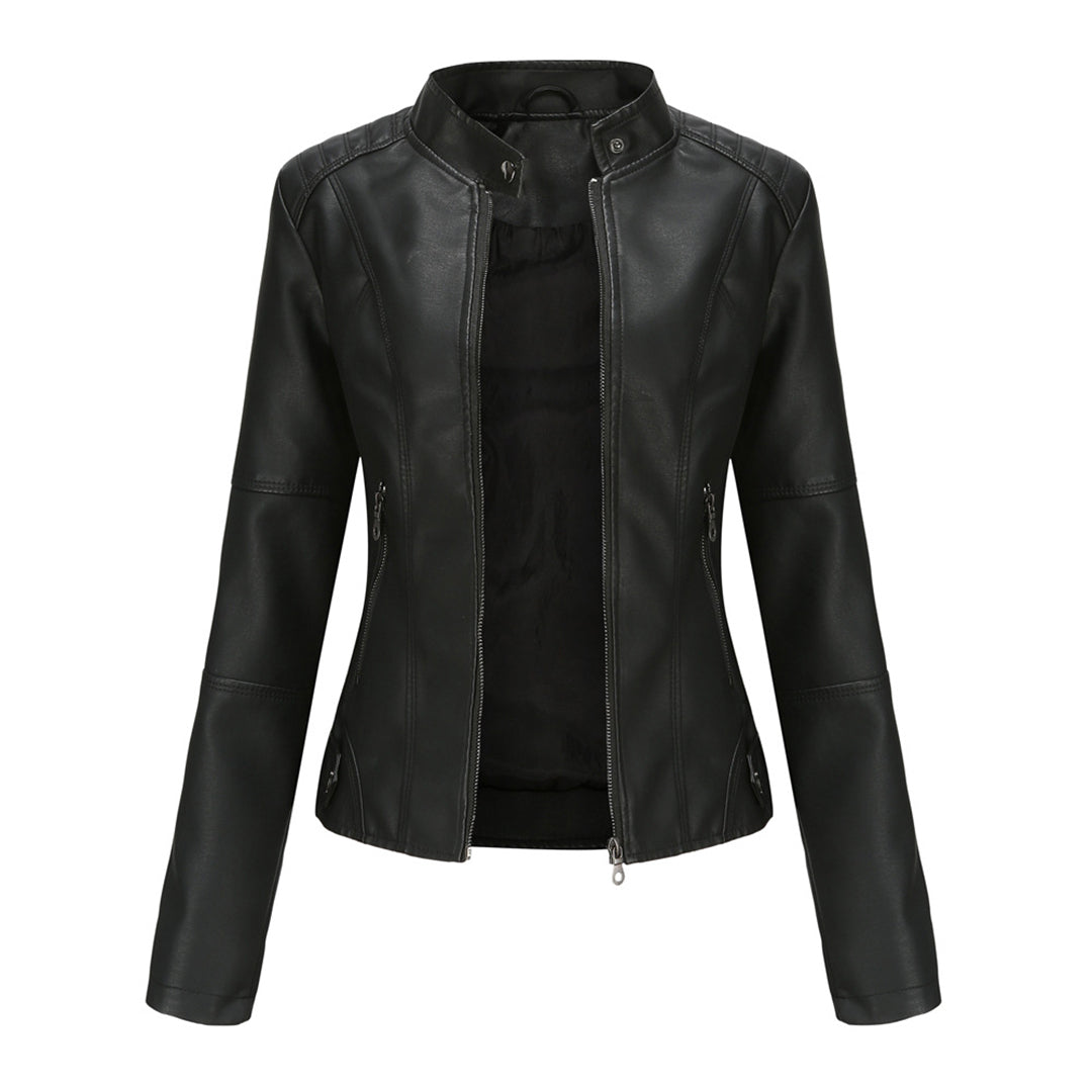 Elegant Faux Leather Moto Jacket for Women with Stand Collar Long Sleeve Zip Front Fitted Style