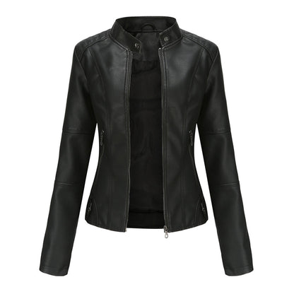 Elegant Faux Leather Moto Jacket for Women with Stand Collar Long Sleeve Zip Front Fitted Style