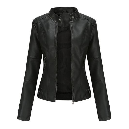 Elegant Faux Leather Moto Jacket for Women with Stand Collar Long Sleeve Zip Front Fitted Style