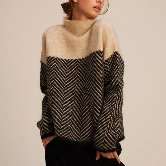 Comfortable Colorblock Herringbone Sweater for Women with High Neck Long Sleeve Oversized Knit Style