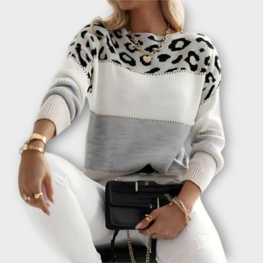 Comfortable Leopard Print Colorblock Sweater for Women with Round Neck Long Sleeve Relaxed Oversized Knit Style