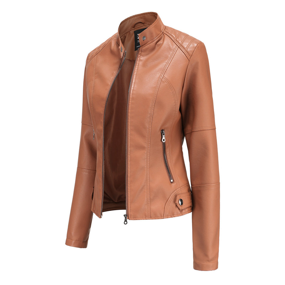 Elegant Faux Leather Moto Jacket for Women with Stand Collar Long Sleeve Zip Front Fitted Style