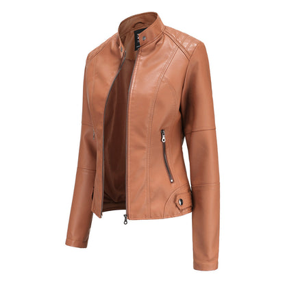 Elegant Faux Leather Moto Jacket for Women with Stand Collar Long Sleeve Zip Front Fitted Style