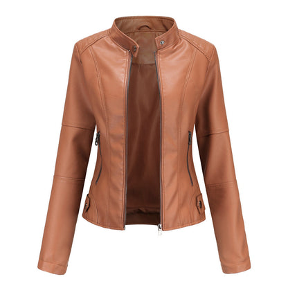 Elegant Faux Leather Moto Jacket for Women with Stand Collar Long Sleeve Zip Front Fitted Style