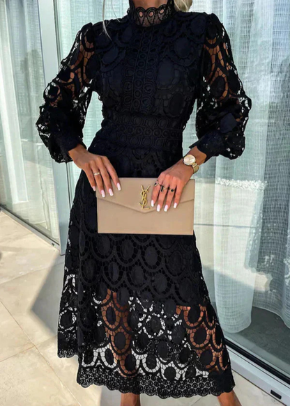 Elegant Lace Midi Dress for Women with High Neck Long Sleeve Formal Wedding Guest Style