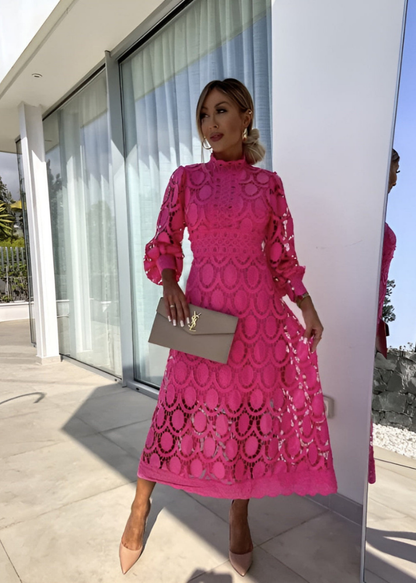 Elegant Lace Midi Dress for Women with High Neck Long Sleeve Formal Wedding Guest Style