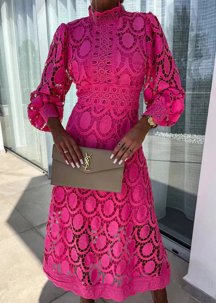 Elegant Lace Midi Dress for Women with High Neck Long Sleeve Formal Wedding Guest Style