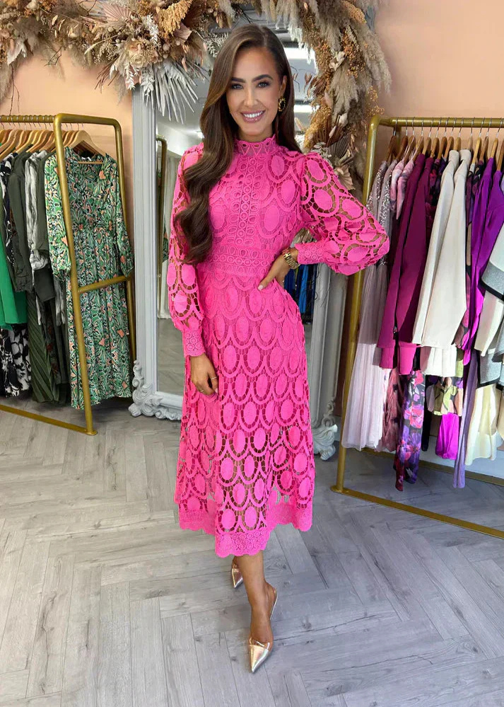 Elegant Lace Midi Dress for Women with High Neck Long Sleeve Formal Wedding Guest Style