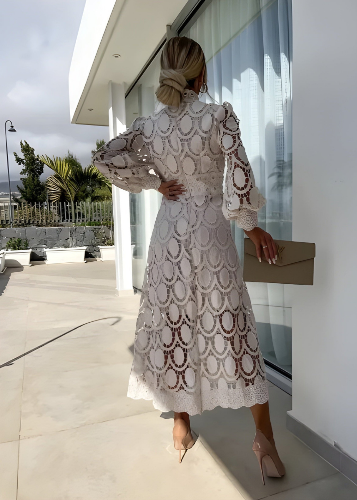 Elegant Lace Midi Dress for Women with High Neck Long Sleeve Formal Wedding Guest Style