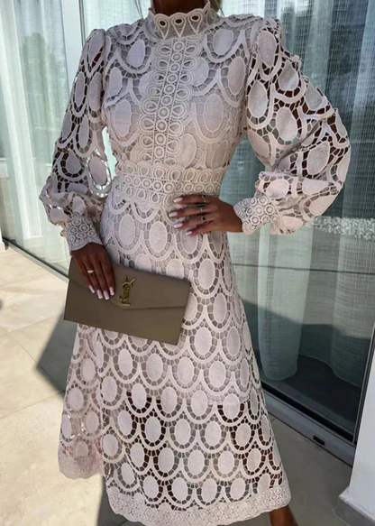 Elegant Lace Midi Dress for Women with High Neck Long Sleeve Formal Wedding Guest Style