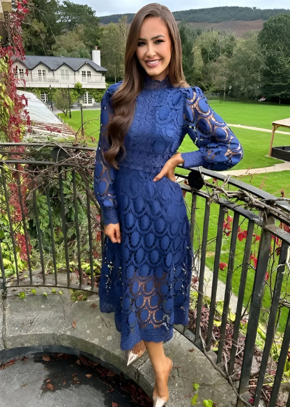 Elegant Lace Midi Dress for Women with High Neck Long Sleeve Formal Wedding Guest Style