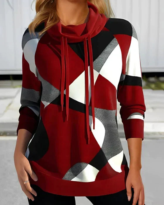 Comfortable Geometric Colorblock Sweatshirt for Women with Cowl Neck Long Sleeve Drawstring Relaxed Style