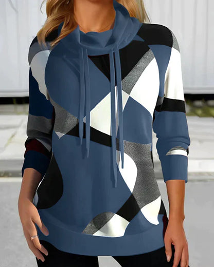 Comfortable Geometric Colorblock Sweatshirt for Women with Cowl Neck Long Sleeve Drawstring Relaxed Style