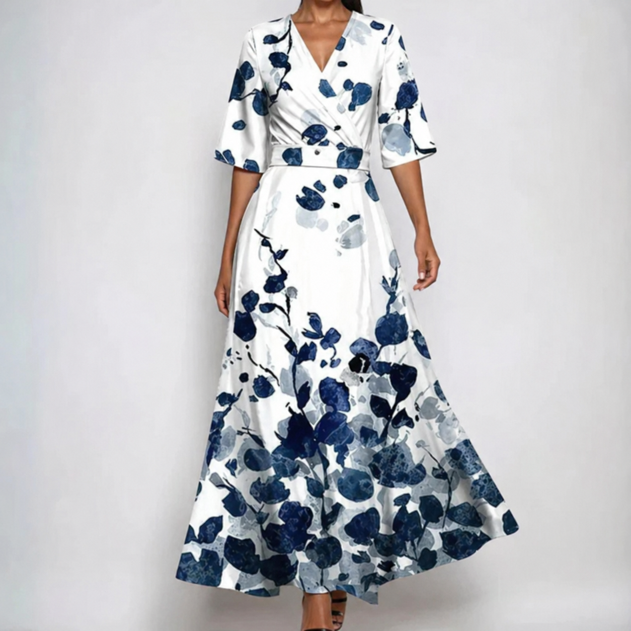 Elegant Floral Maxi Dress for Women with V Neck Puff Sleeve Wrap Bodice Formal Wedding Guest Style