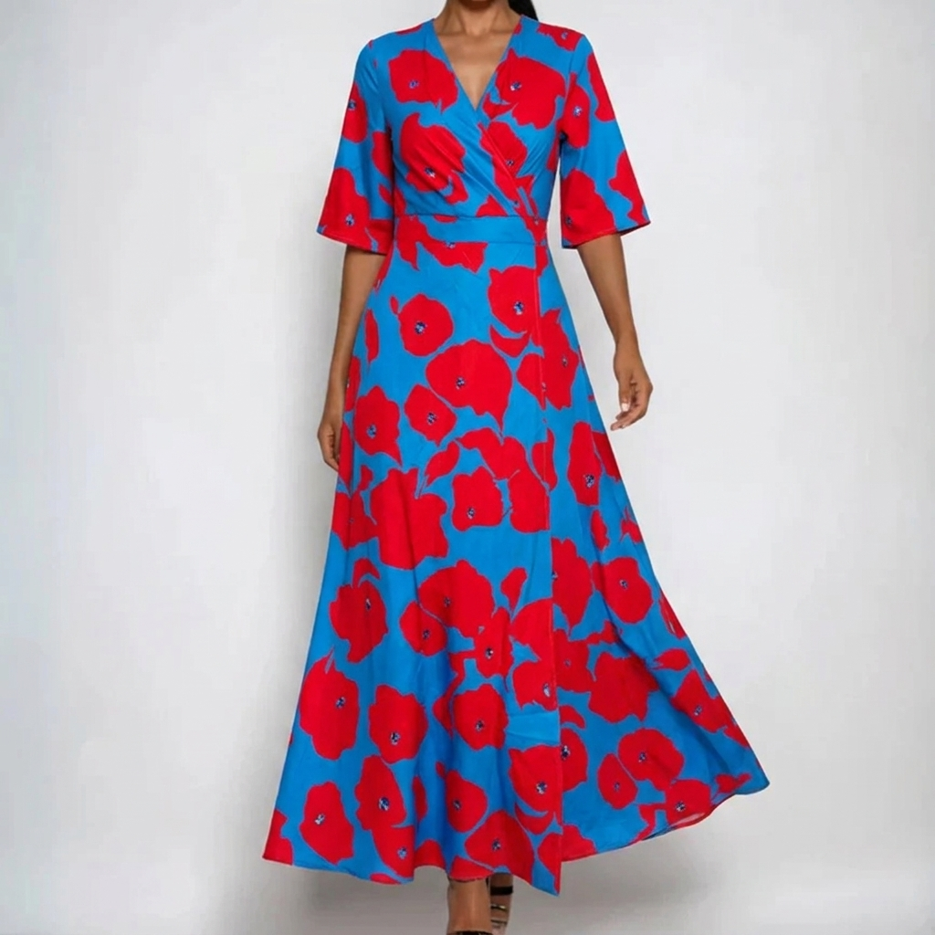 Elegant Floral Maxi Dress for Women with V Neck Puff Sleeve Wrap Bodice Formal Wedding Guest Style