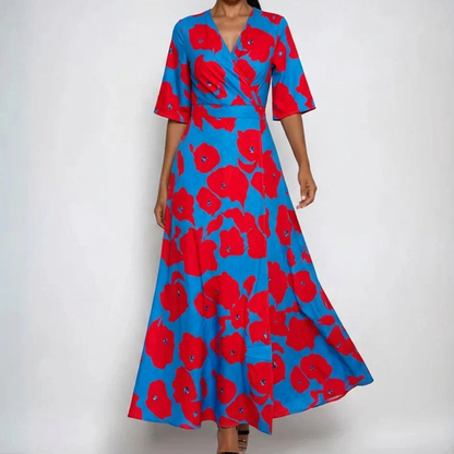 Elegant Floral Maxi Dress for Women with V Neck Puff Sleeve Wrap Bodice Formal Wedding Guest Style