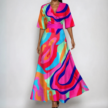 Elegant Floral Maxi Dress for Women with V Neck Puff Sleeve Wrap Bodice Formal Wedding Guest Style