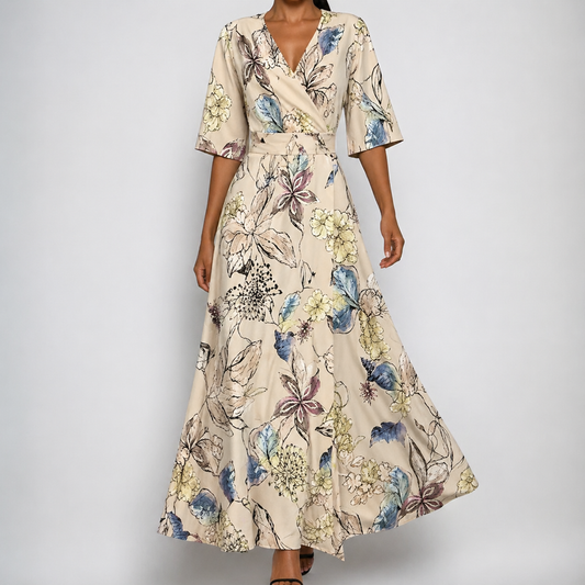 Elegant Floral Maxi Dress for Women with V Neck Puff Sleeve Wrap Bodice Formal Wedding Guest Style