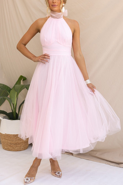 Elegant Tulle Maxi Dress for Women with Halter Neck Full Skirt Formal Wedding Guest Style