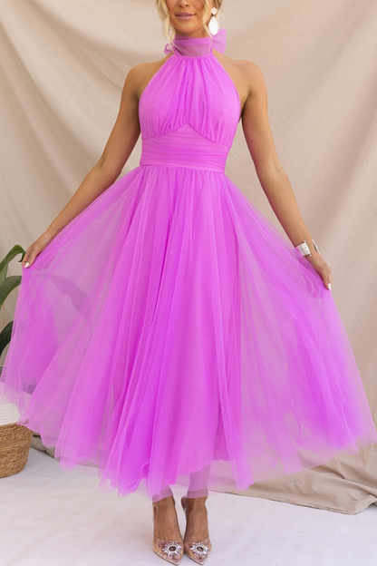 Elegant Tulle Maxi Dress for Women with Halter Neck Full Skirt Formal Wedding Guest Style