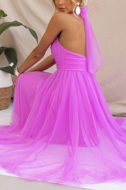 Elegant Tulle Maxi Dress for Women with Halter Neck Full Skirt Formal Wedding Guest Style