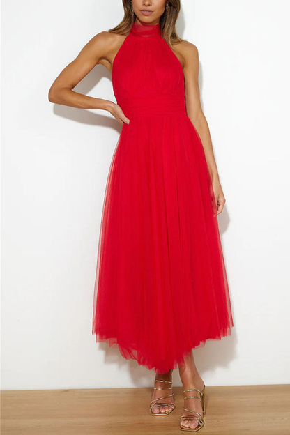 Elegant Tulle Maxi Dress for Women with Halter Neck Full Skirt Formal Wedding Guest Style