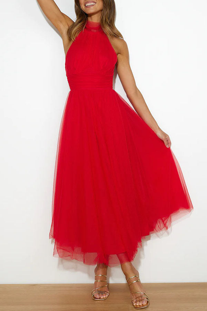 Elegant Tulle Maxi Dress for Women with Halter Neck Full Skirt Formal Wedding Guest Style