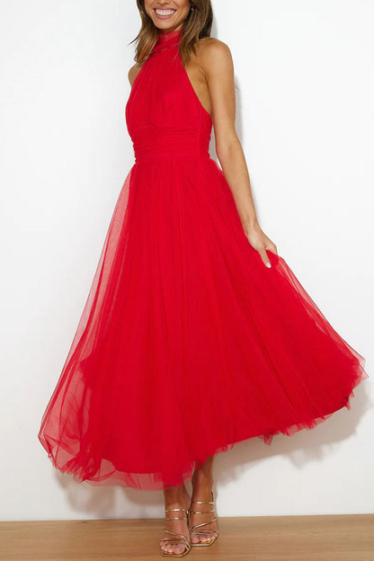 Elegant Tulle Maxi Dress for Women with Halter Neck Full Skirt Formal Wedding Guest Style