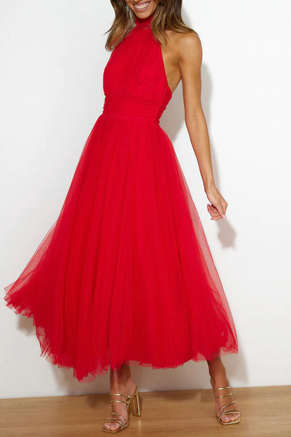 Elegant Tulle Maxi Dress for Women with Halter Neck Full Skirt Formal Wedding Guest Style