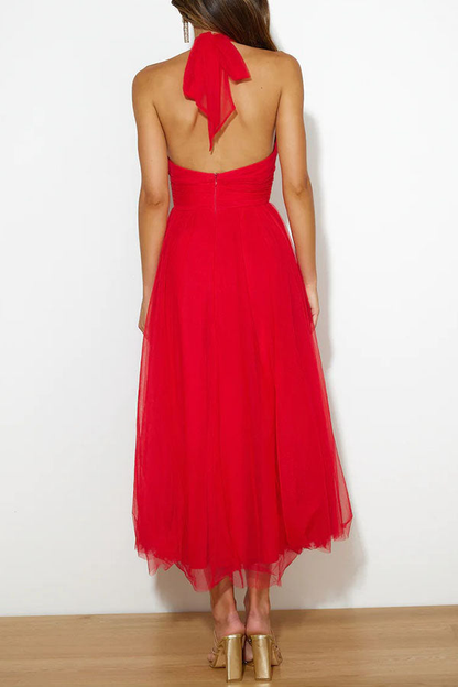 Elegant Tulle Maxi Dress for Women with Halter Neck Full Skirt Formal Wedding Guest Style