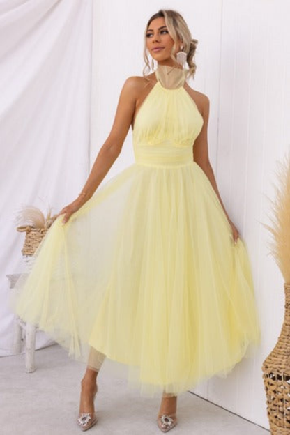 Elegant Tulle Maxi Dress for Women with Halter Neck Full Skirt Formal Wedding Guest Style