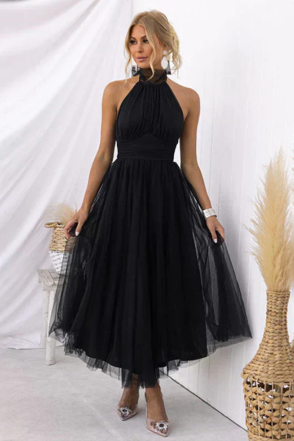 Elegant Tulle Maxi Dress for Women with Halter Neck Full Skirt Formal Wedding Guest Style