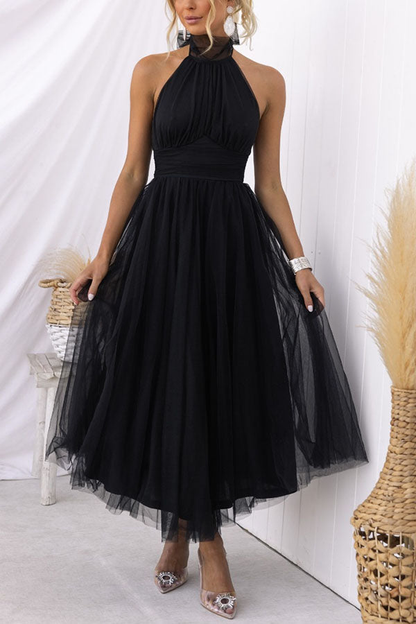 Elegant Tulle Maxi Dress for Women with Halter Neck Full Skirt Formal Wedding Guest Style