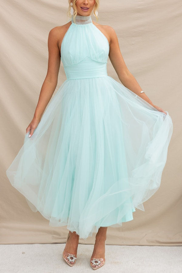 Elegant Tulle Maxi Dress for Women with Halter Neck Full Skirt Formal Wedding Guest Style