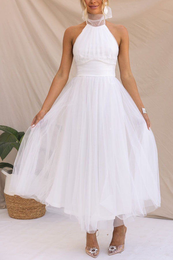 Elegant Tulle Maxi Dress for Women with Halter Neck Full Skirt Formal Wedding Guest Style