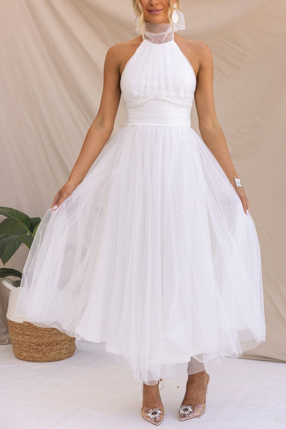 Elegant Tulle Maxi Dress for Women with Halter Neck Full Skirt Formal Wedding Guest Style