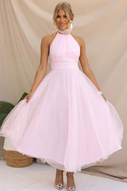 Elegant Tulle Maxi Dress for Women with Halter Neck Full Skirt Formal Wedding Guest Style