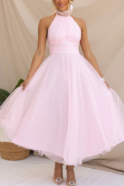 Elegant Tulle Maxi Dress for Women with Halter Neck Full Skirt Formal Wedding Guest Style